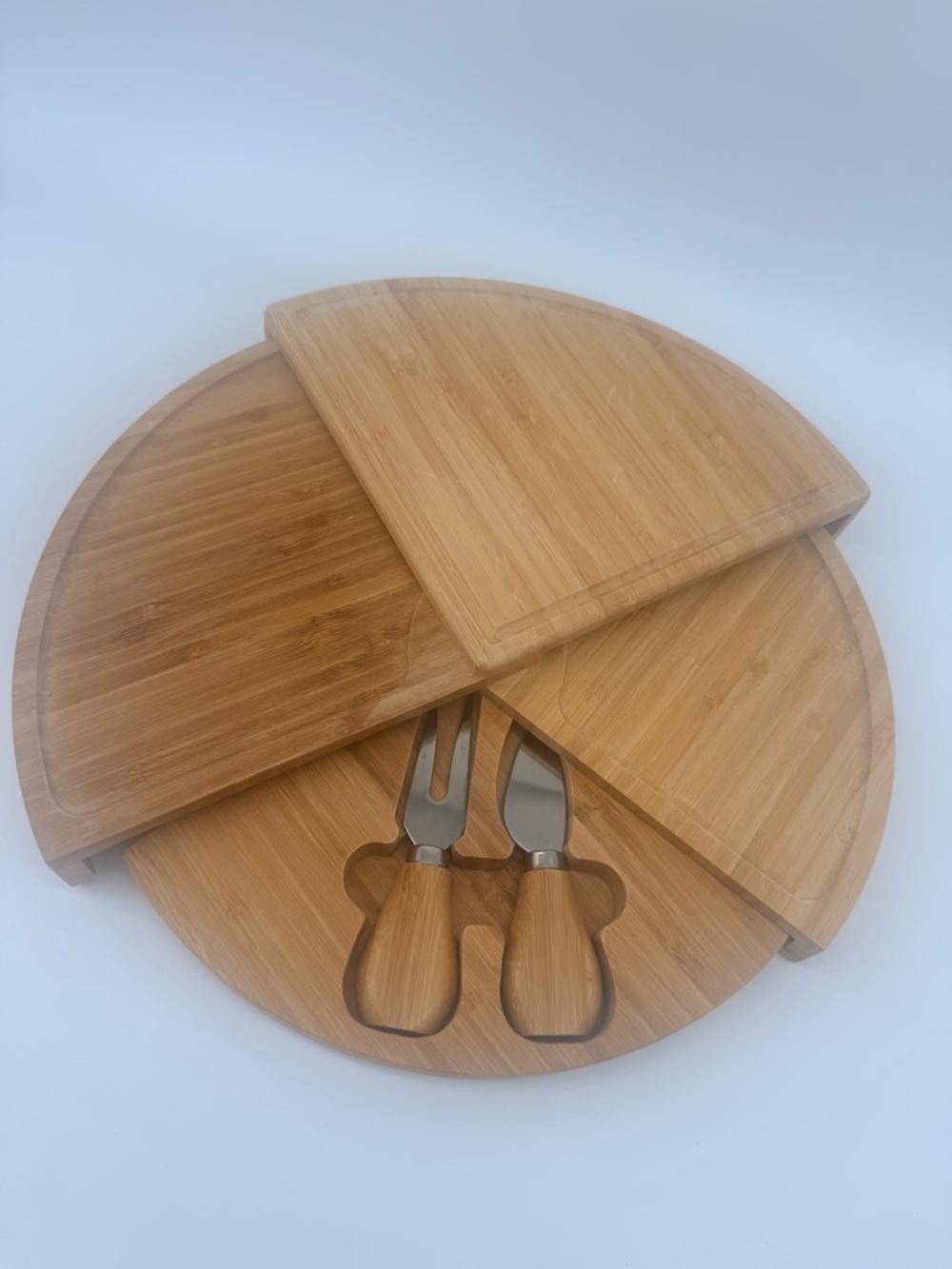 Bamboo Rotating Cheese Board Set with Two Stainless Steel Tools - Natural Bamboo